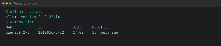 Terminal mit ollama --version und ollama list